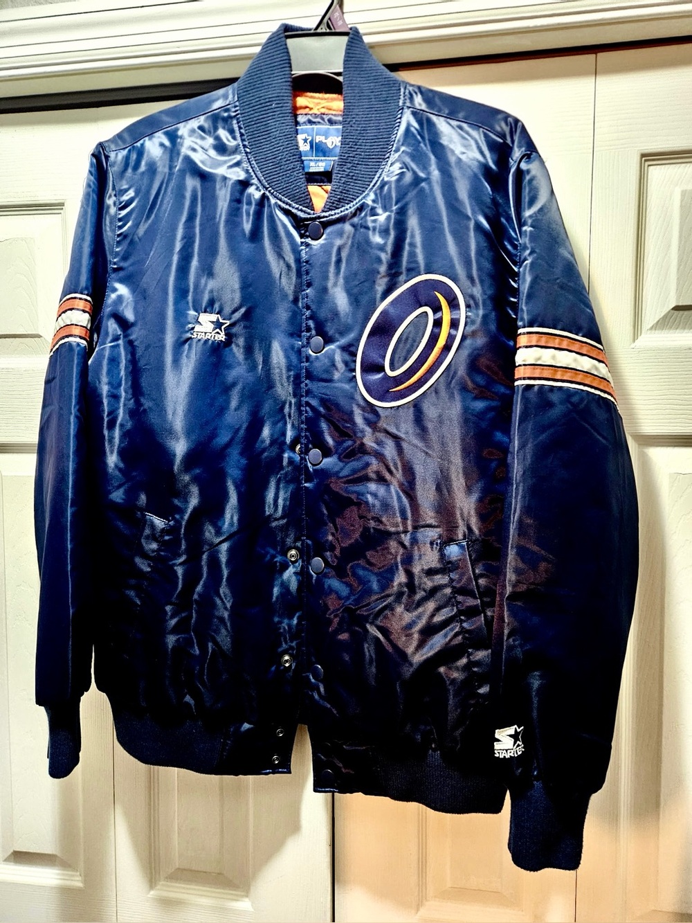 STARTER Navy Satin Bomber Jacket with Orange and Cream Trim